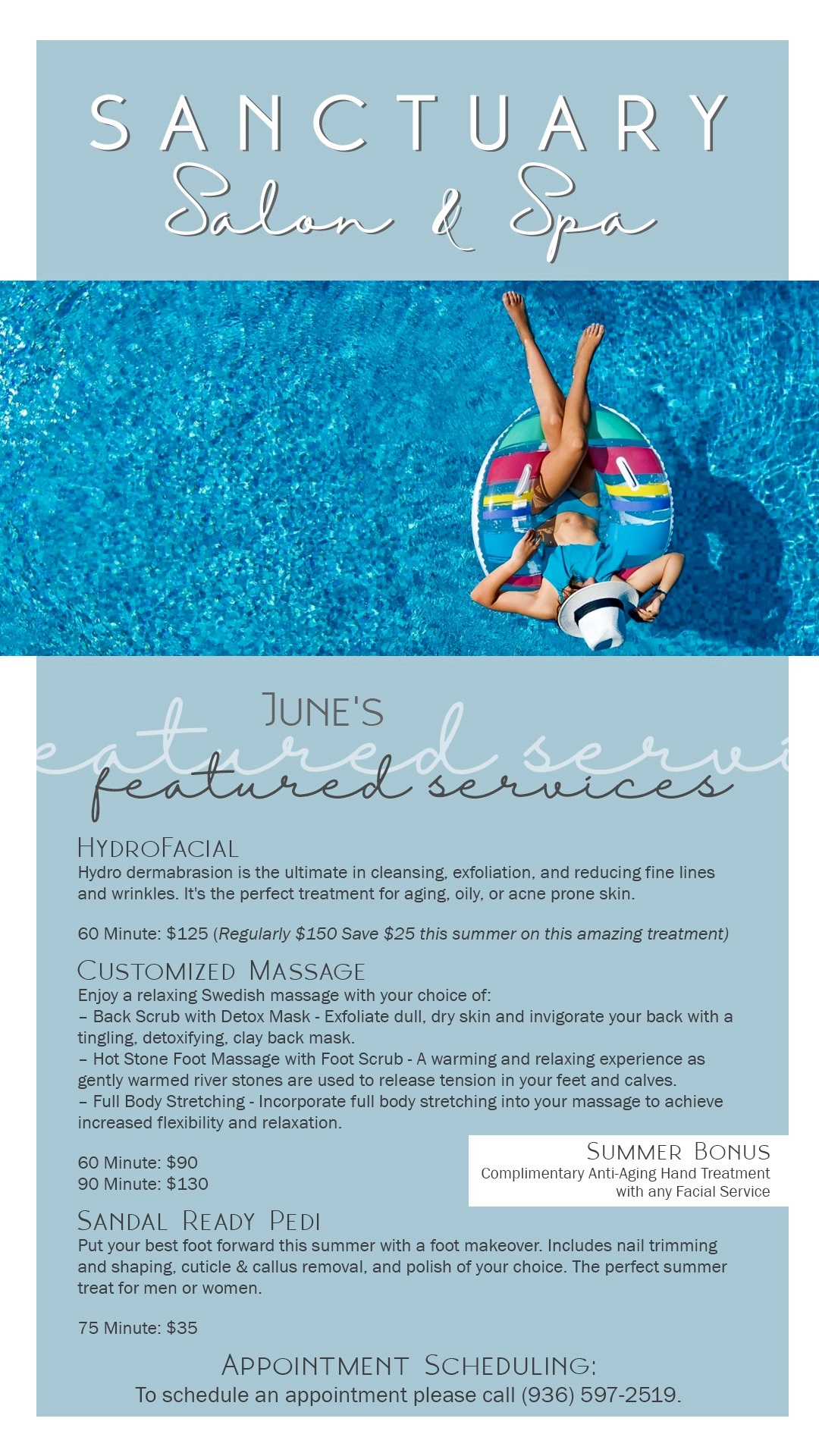 Bentwater Yacht & Country Club June Sanctuary Salon & Spa Specials